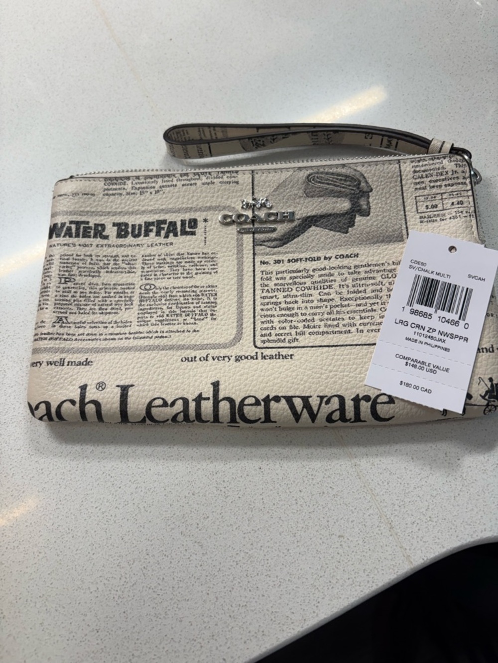 Coach Cream Leather Newspaper Print Wristlet NWT